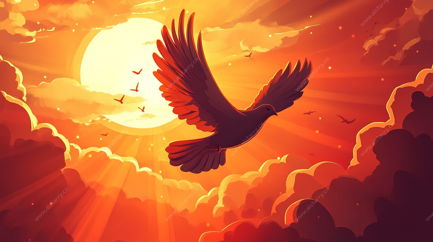 夕阳下飞鸟翱翔图景