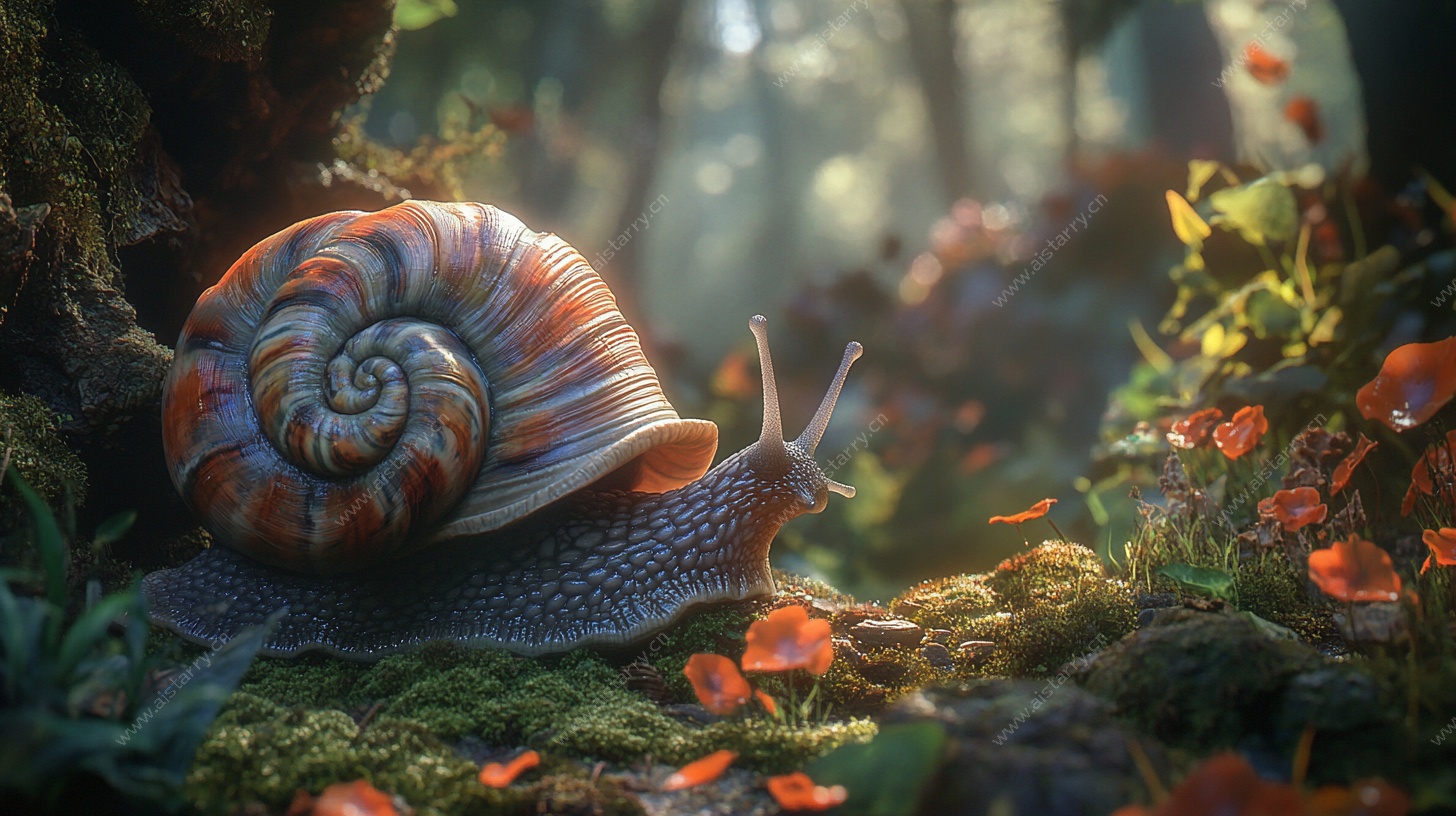 森林中的彩色蜗牛特写