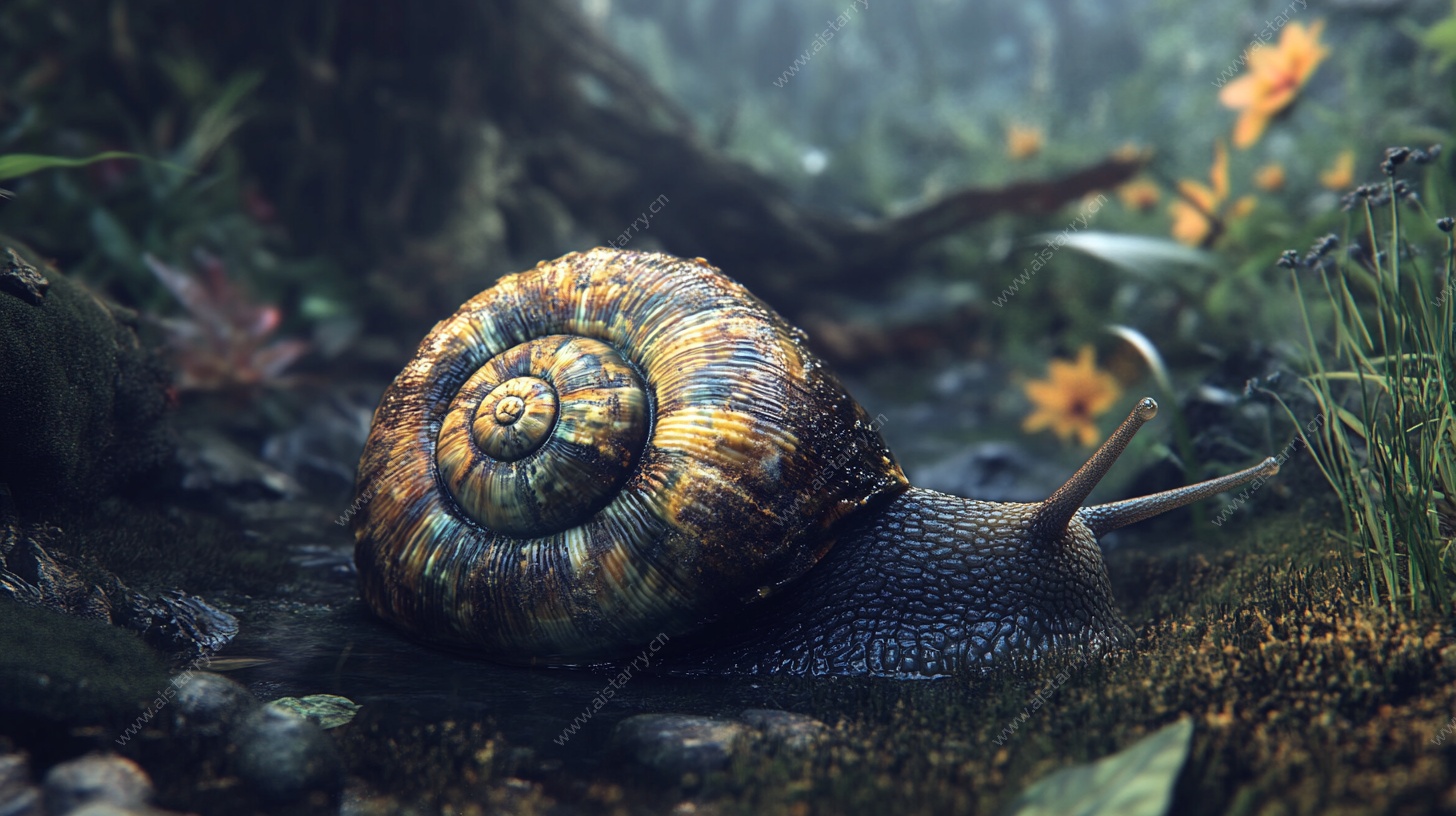 森林中的斑斓蜗牛特写
