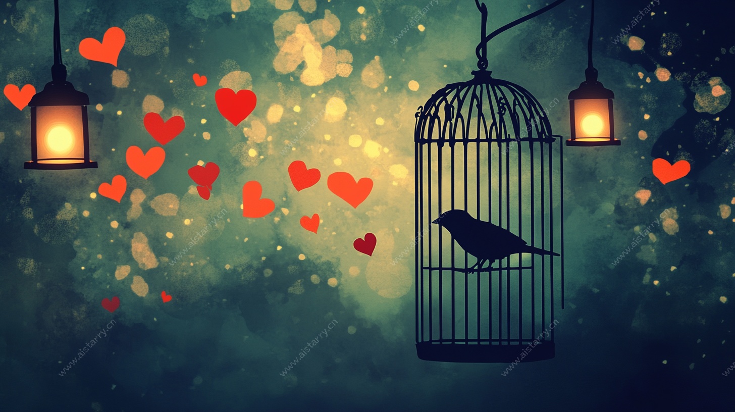 笼中鸟与爱心梦幻场景