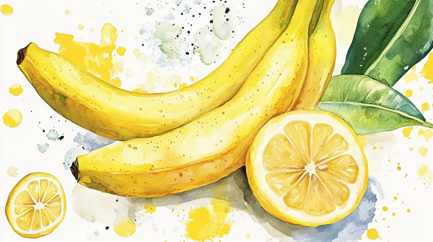 水彩水果绘 香蕉与柠檬