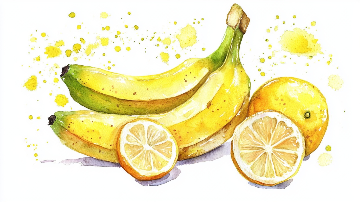水彩水果绘 香蕉与柠檬