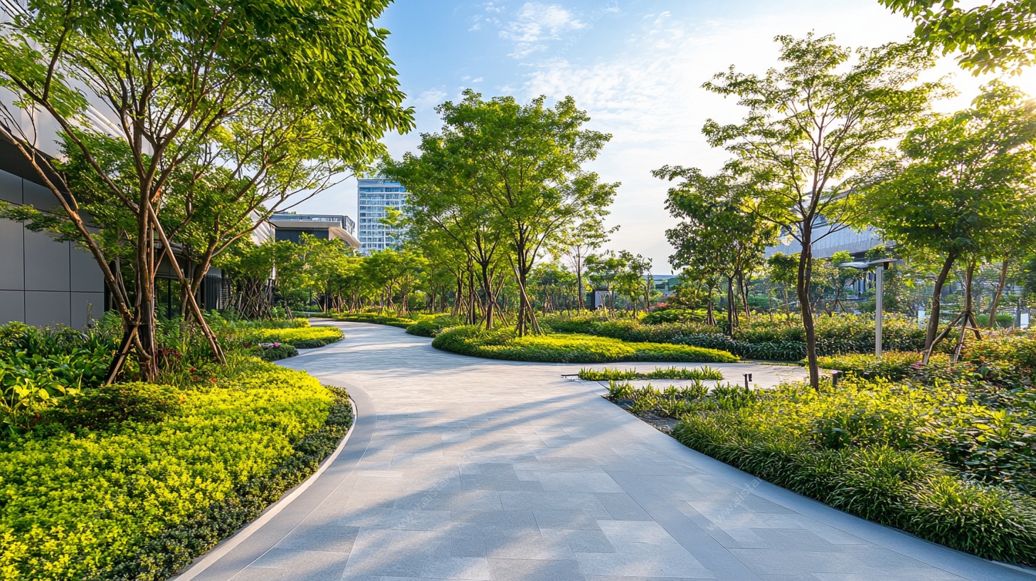 阳光照耀下的城市花园小径
