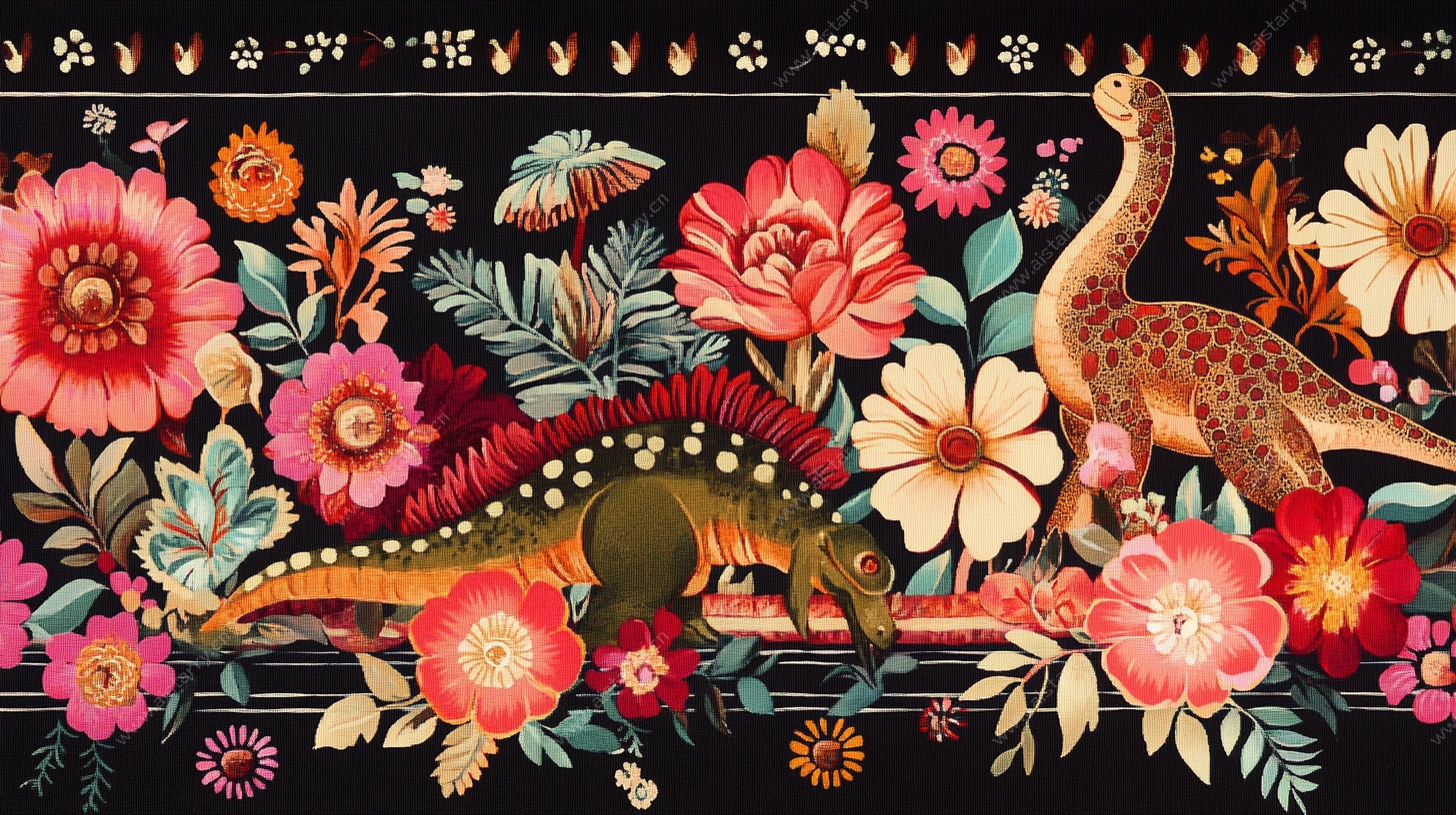 恐龙花卉梦幻插画图案