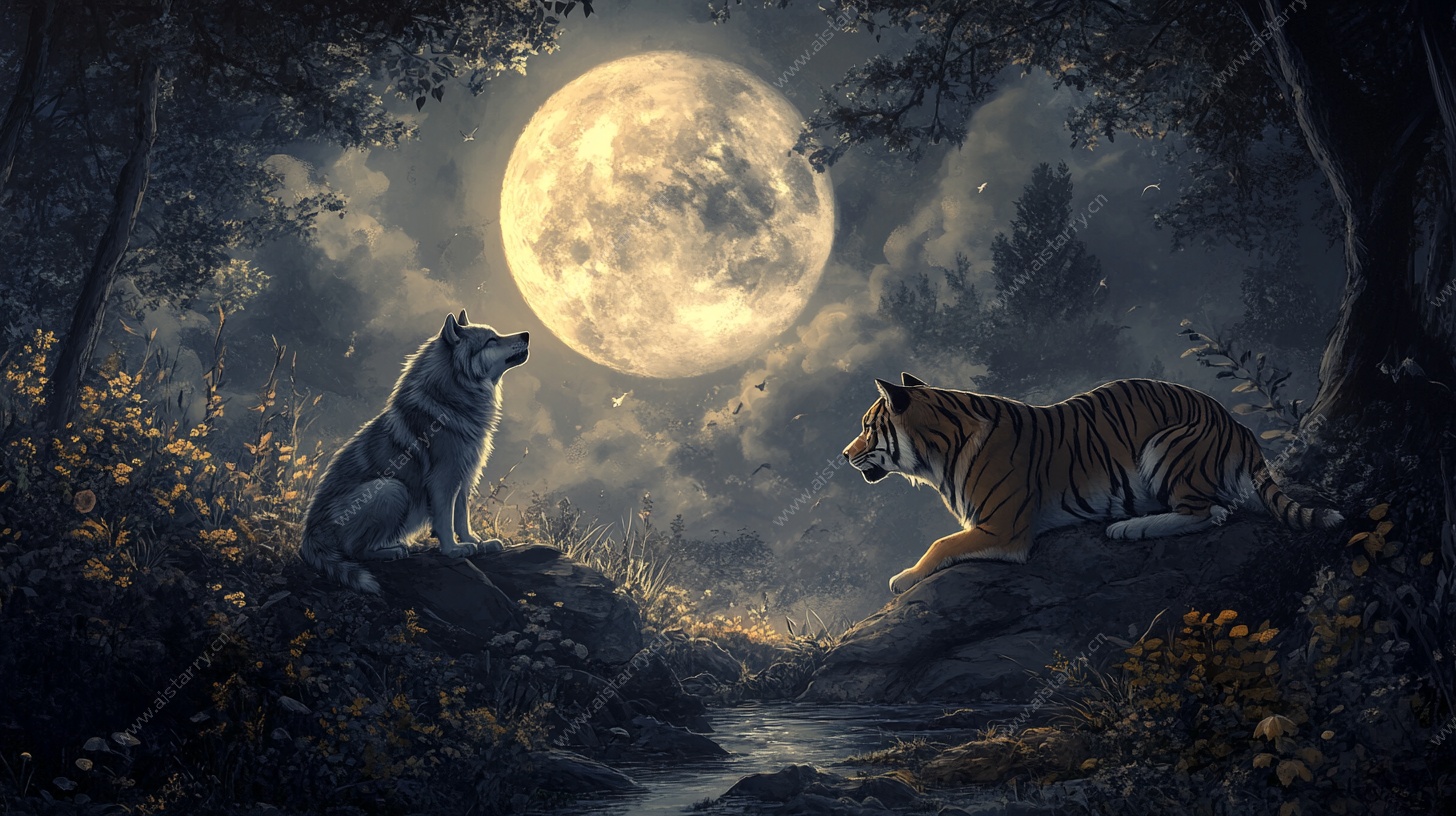 月夜下的虎狼对视