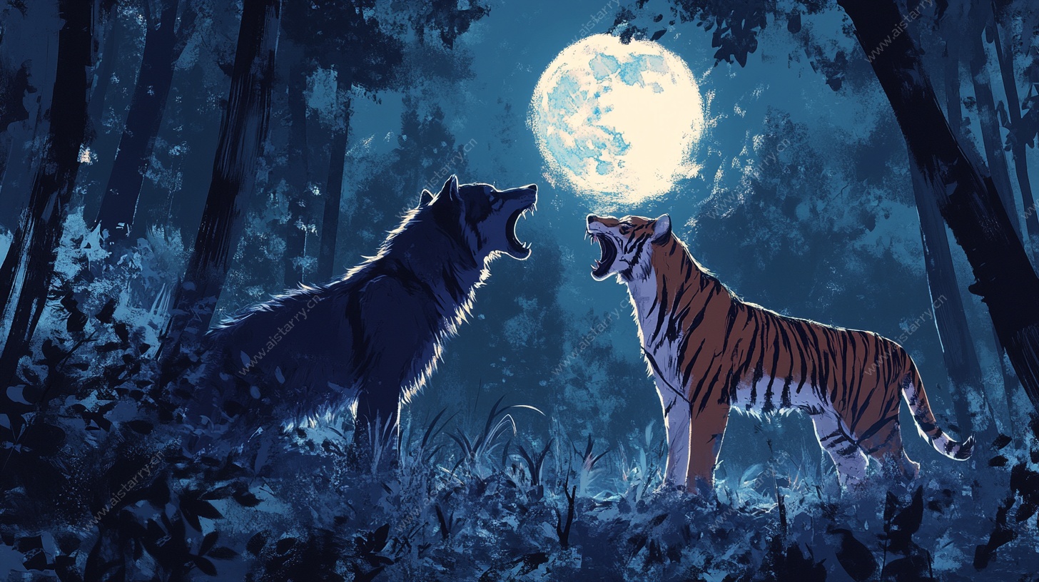 月夜下虎狼对峙场景