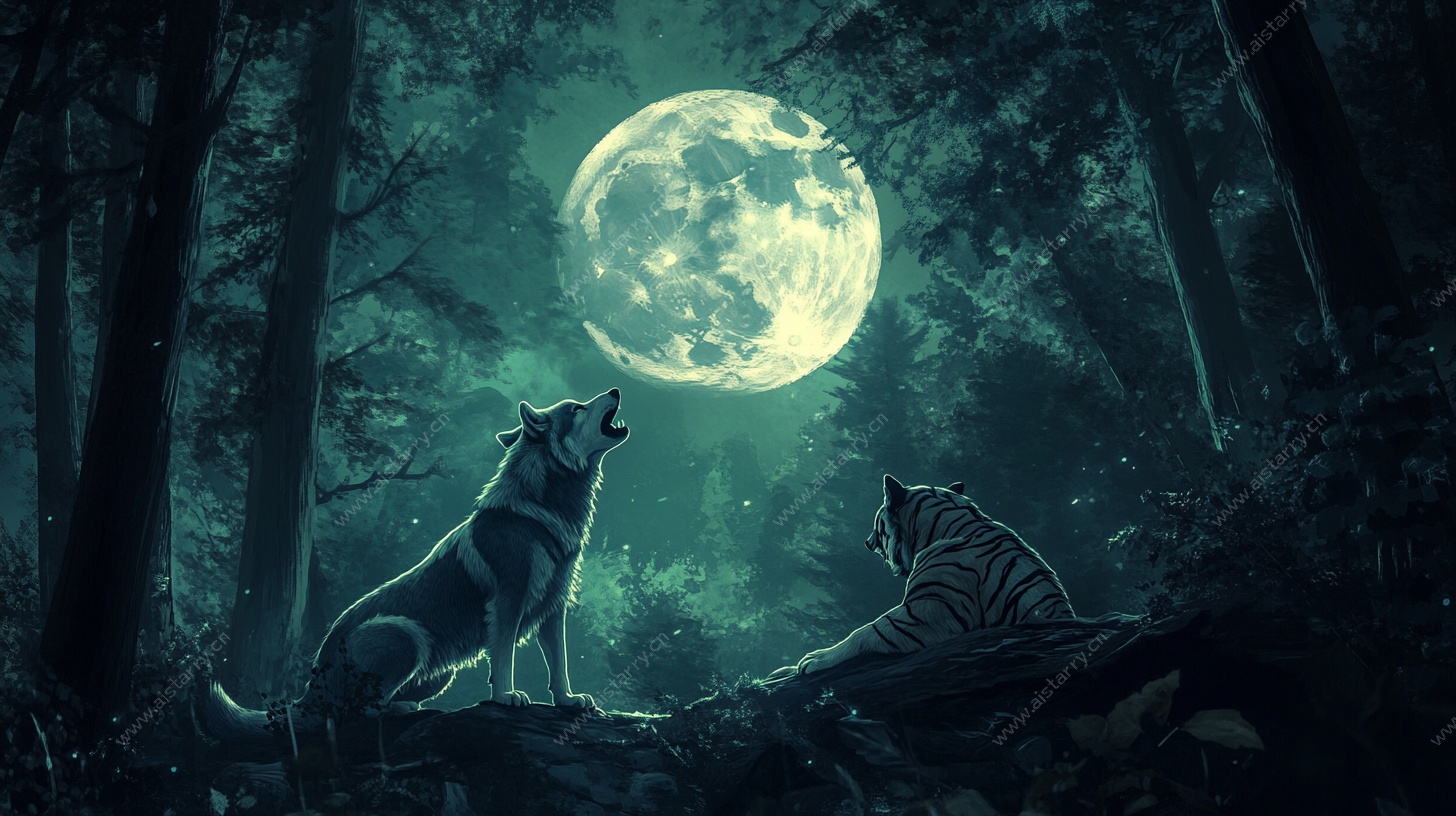 月夜下的狼虎共望明月