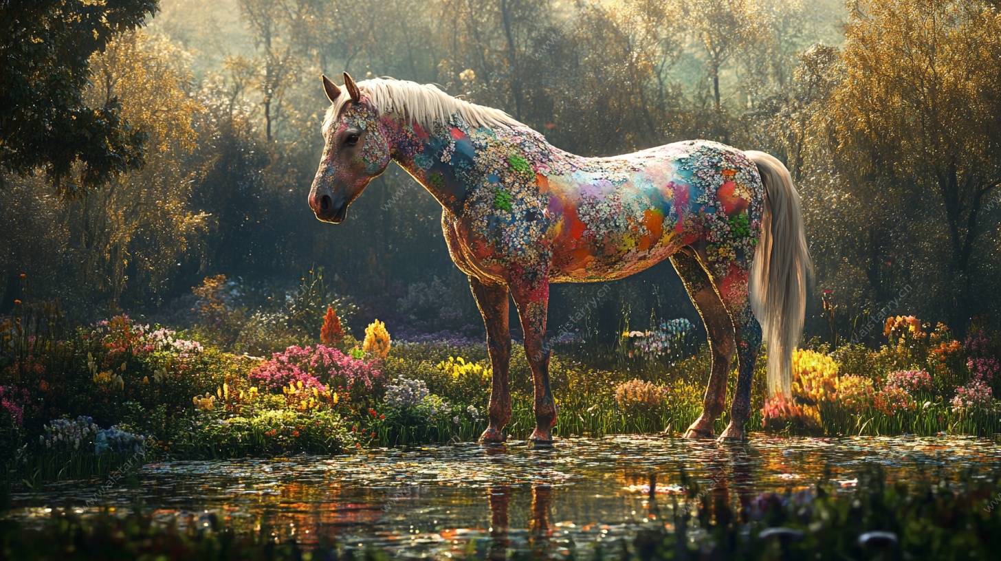 彩绘骏马立于梦幻自然间