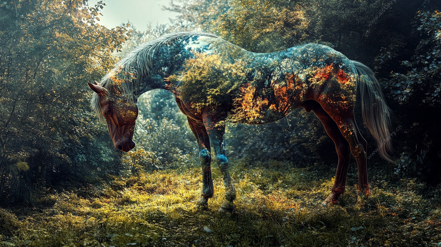 梦幻森林中的双重曝光骏马