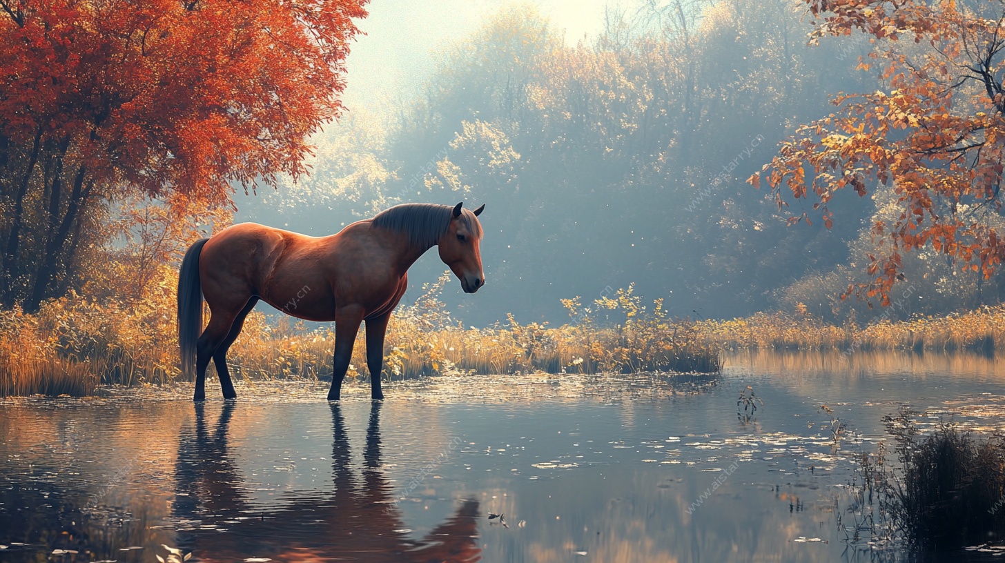 秋日湖畔骏马静立图景