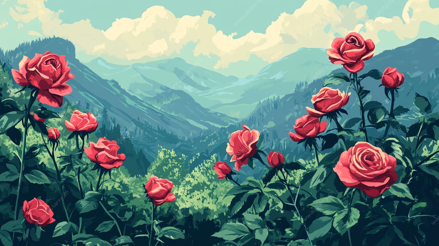 山间绽放的艳丽红玫瑰