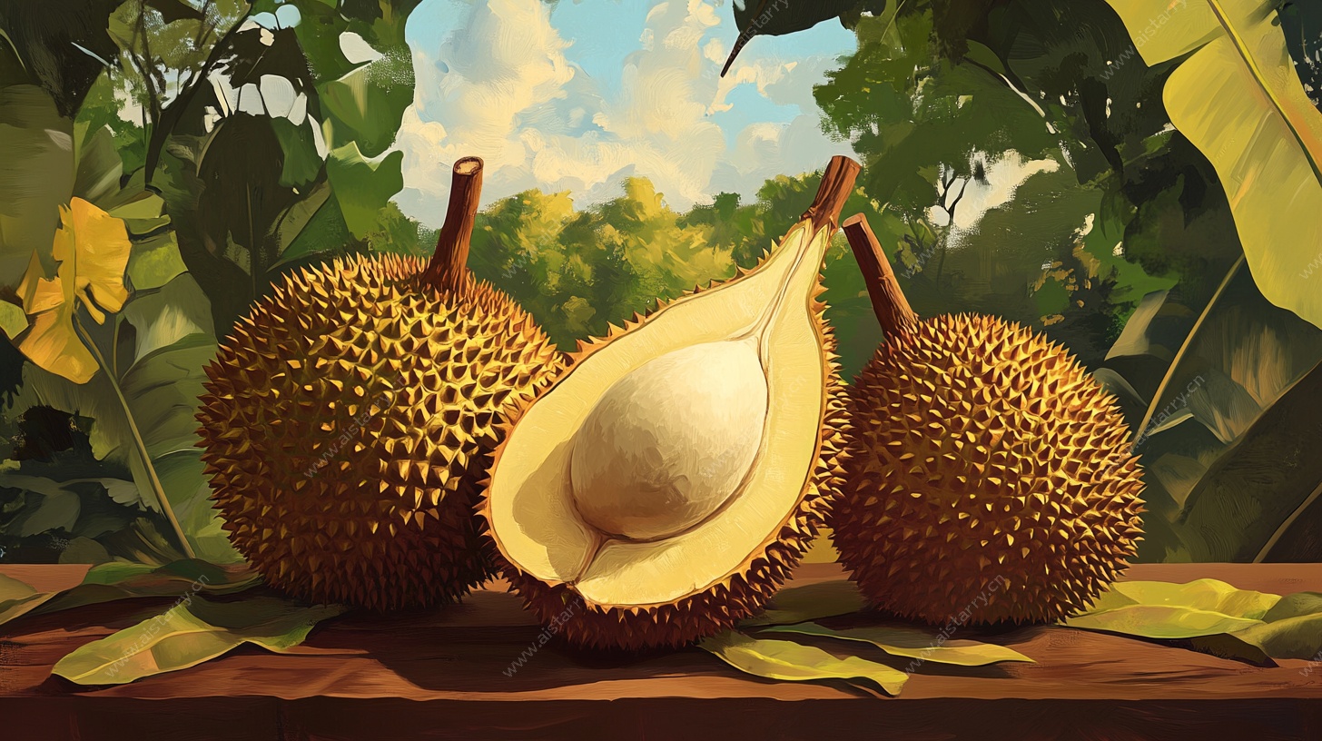 桌上的榴莲静物油画