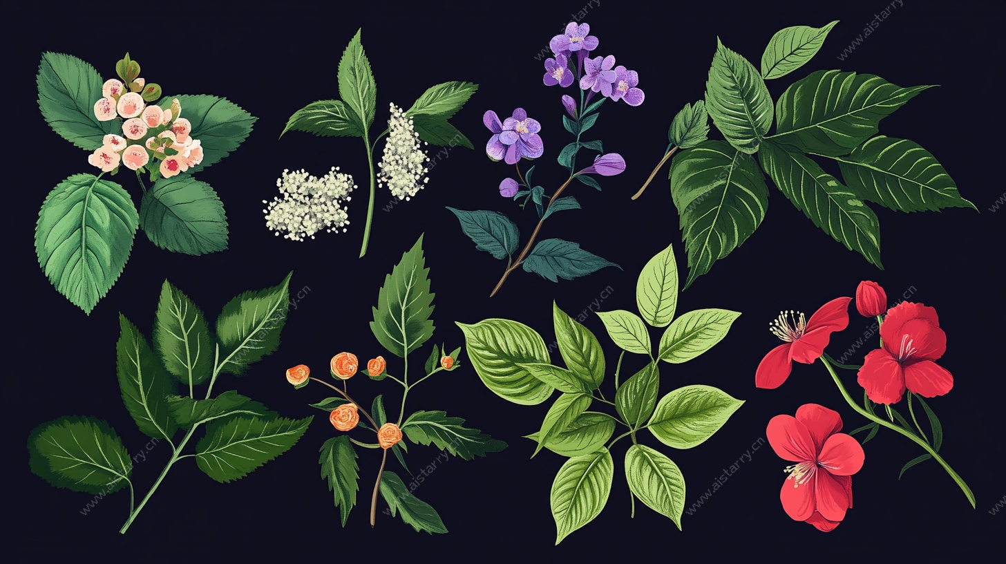 手绘多彩花卉植物集合