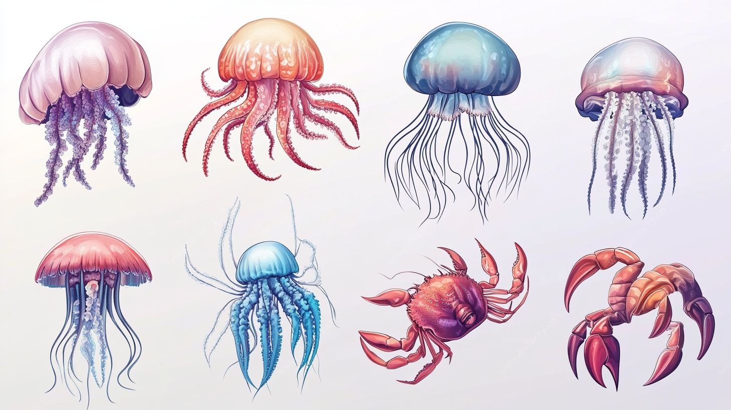 海洋生物插画 水母与螃蟹