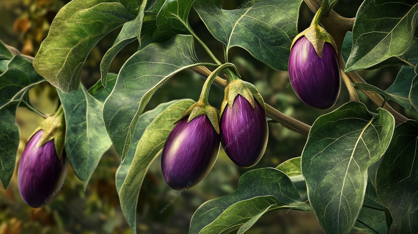 枝头紫茄 绿叶相伴