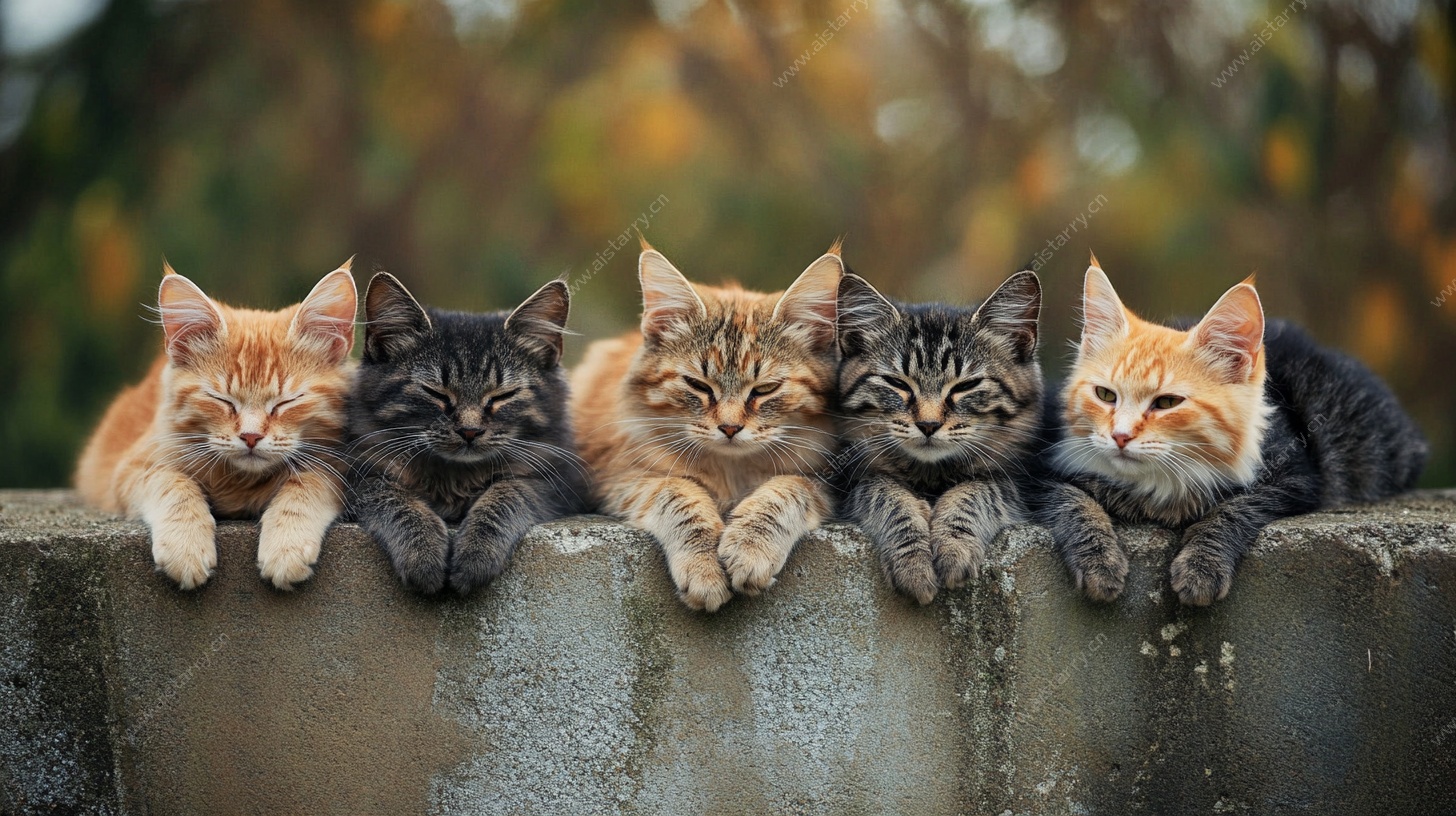 五只猫咪趴墙头