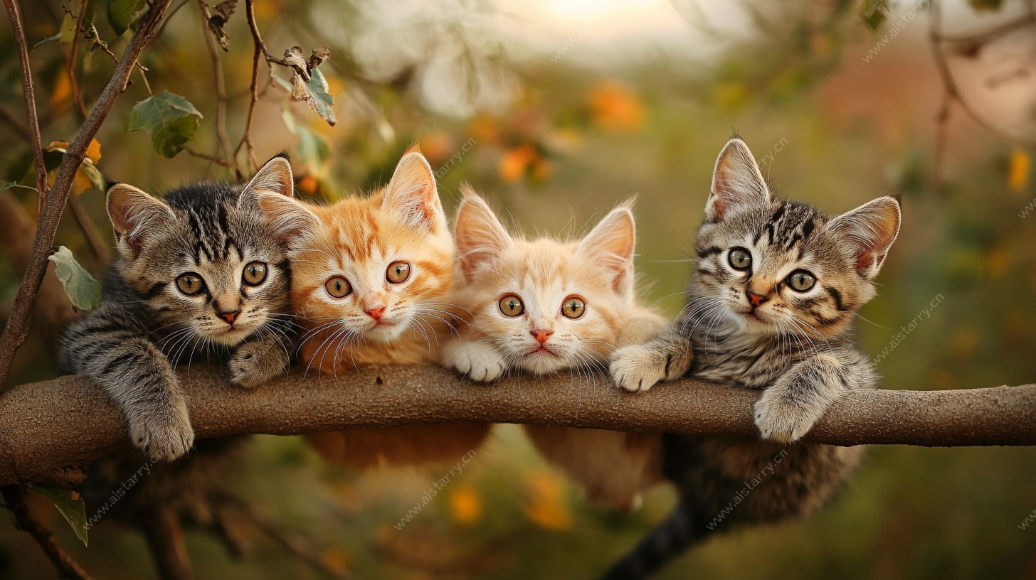 四只萌猫趴树枝