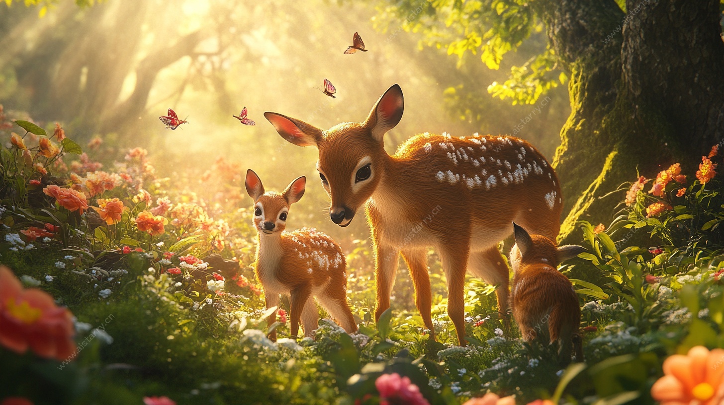 森林小鹿母子温馨画面