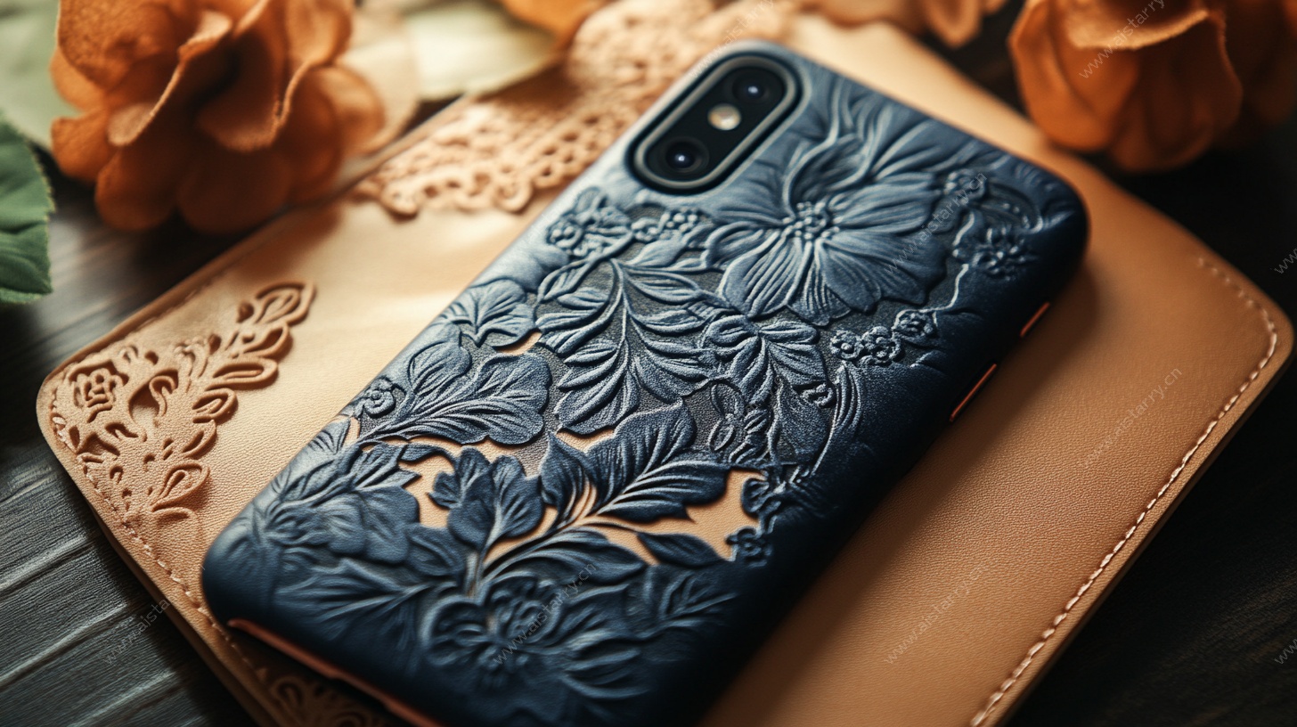 雕花皮革手机壳特写