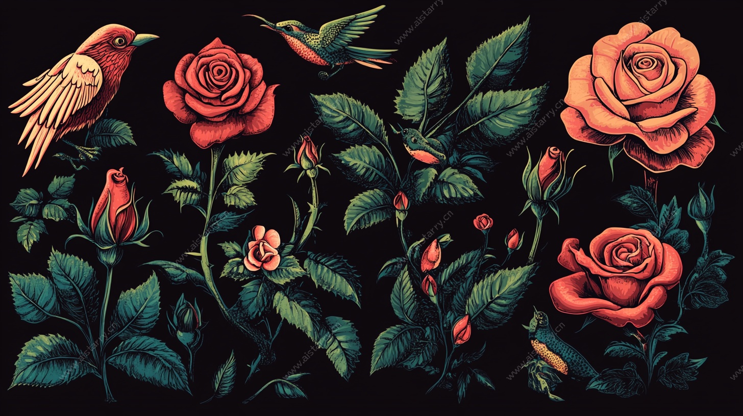 玫瑰与飞鸟的梦幻插画