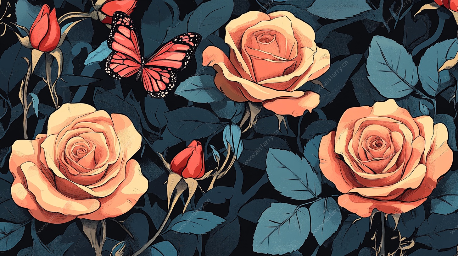 复古玫瑰与蝴蝶插画