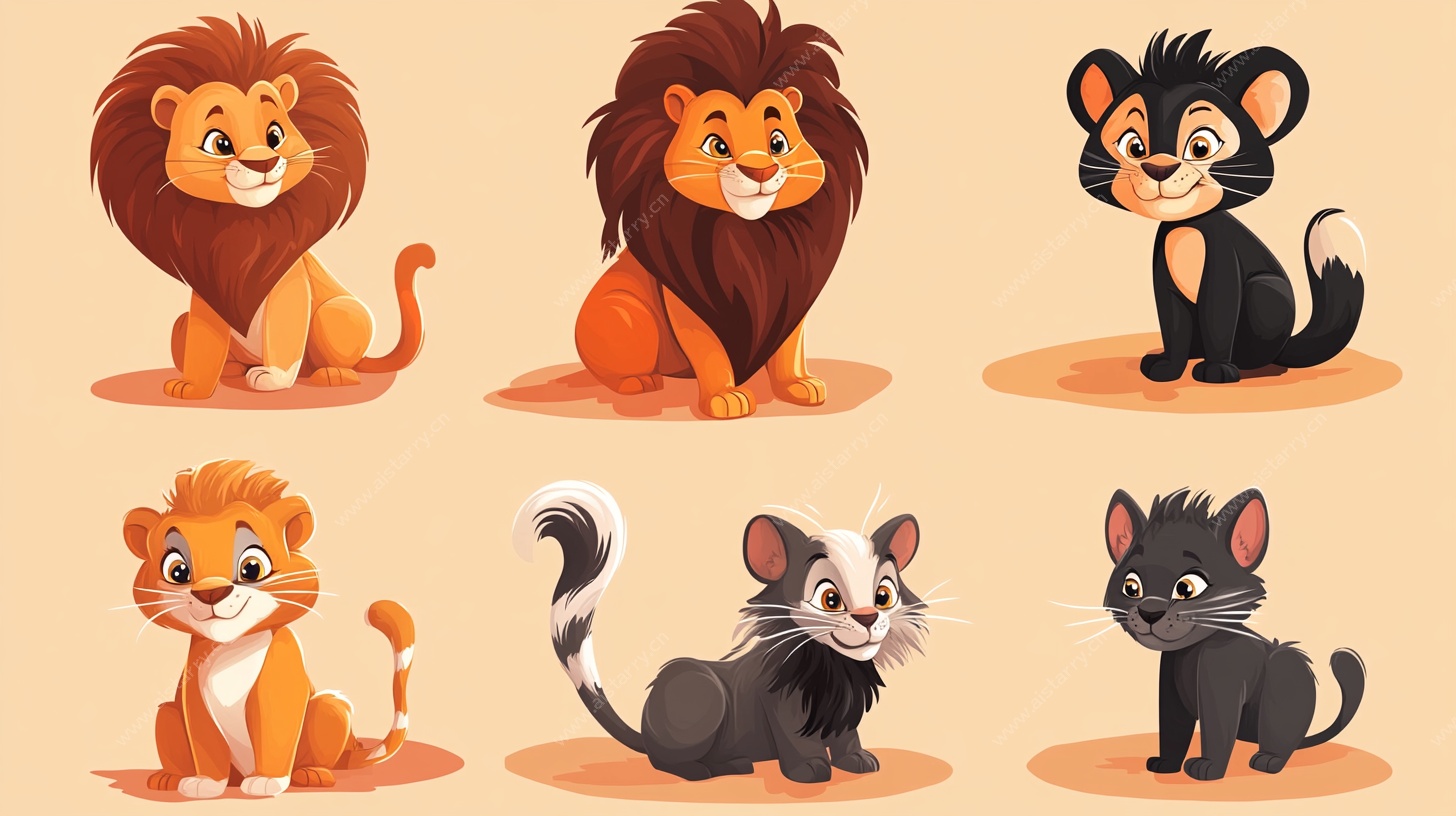 可爱狮与猫的卡通集合