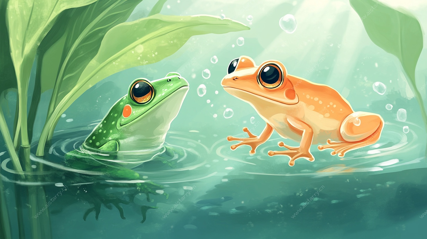 池塘中的双蛙互动图