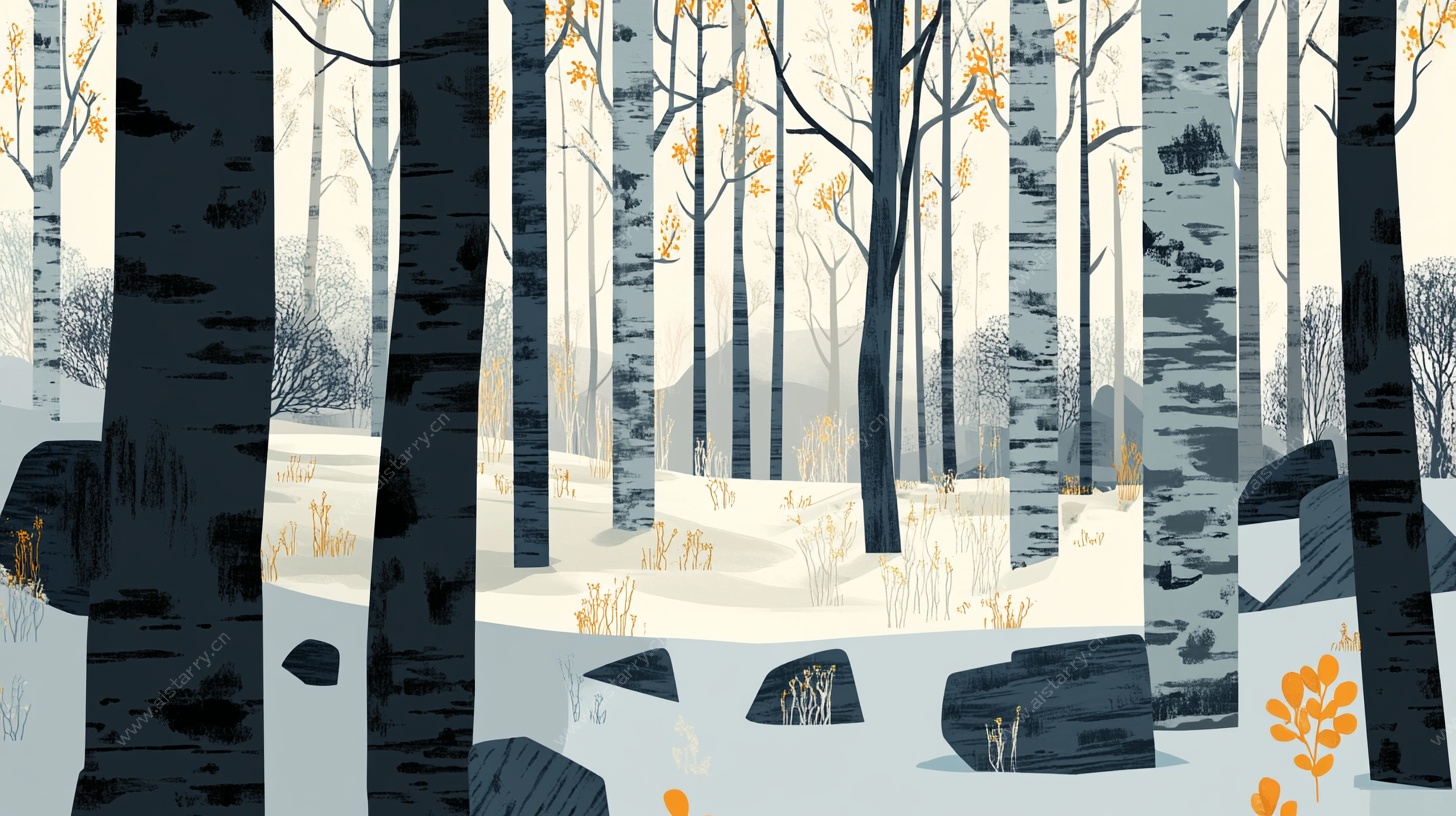 冬日白桦林雪景插画