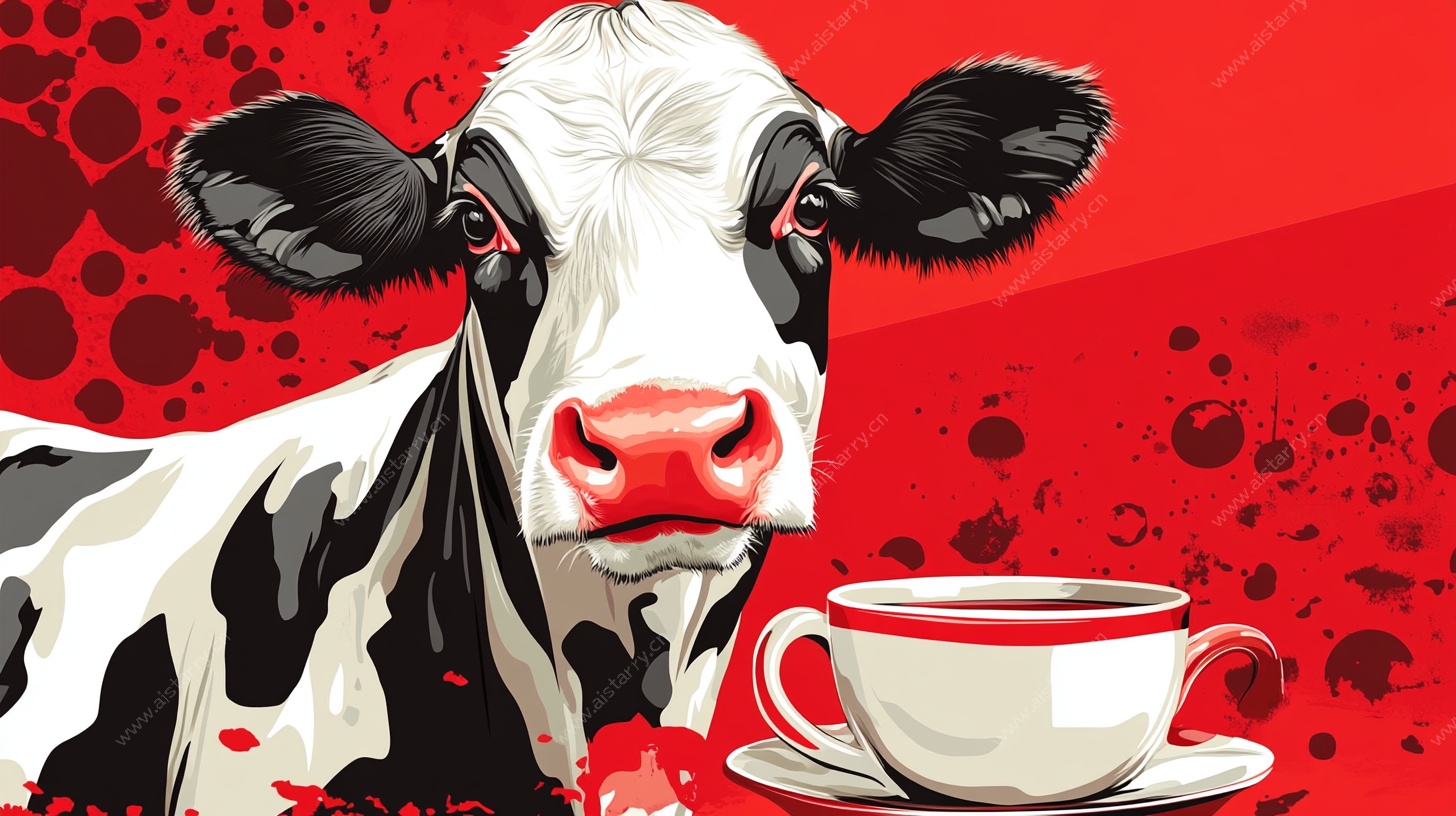 奶牛与咖啡杯的趣味插画