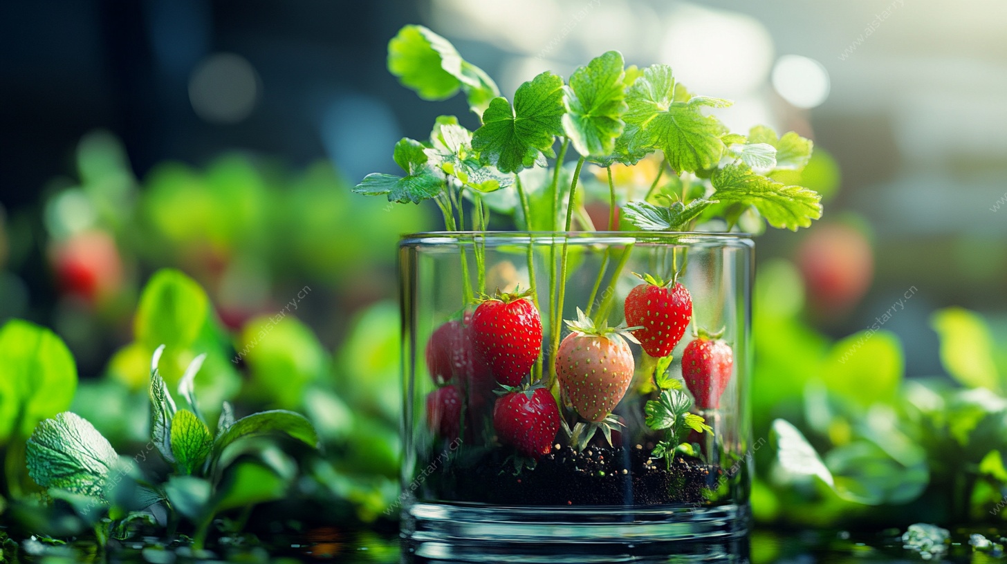 玻璃杯中生长的新鲜草莓