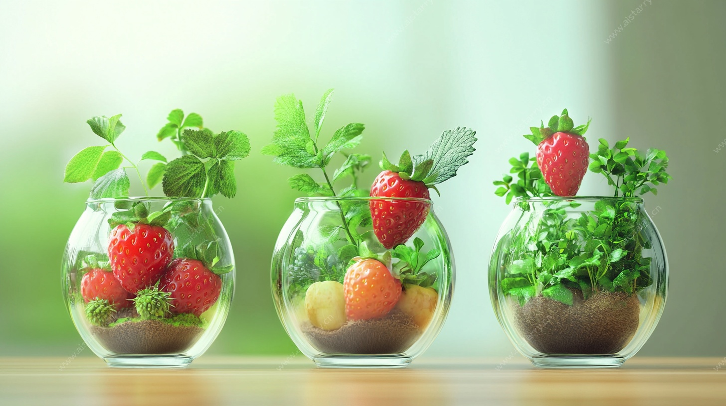 玻璃杯中绿植与草莓组合