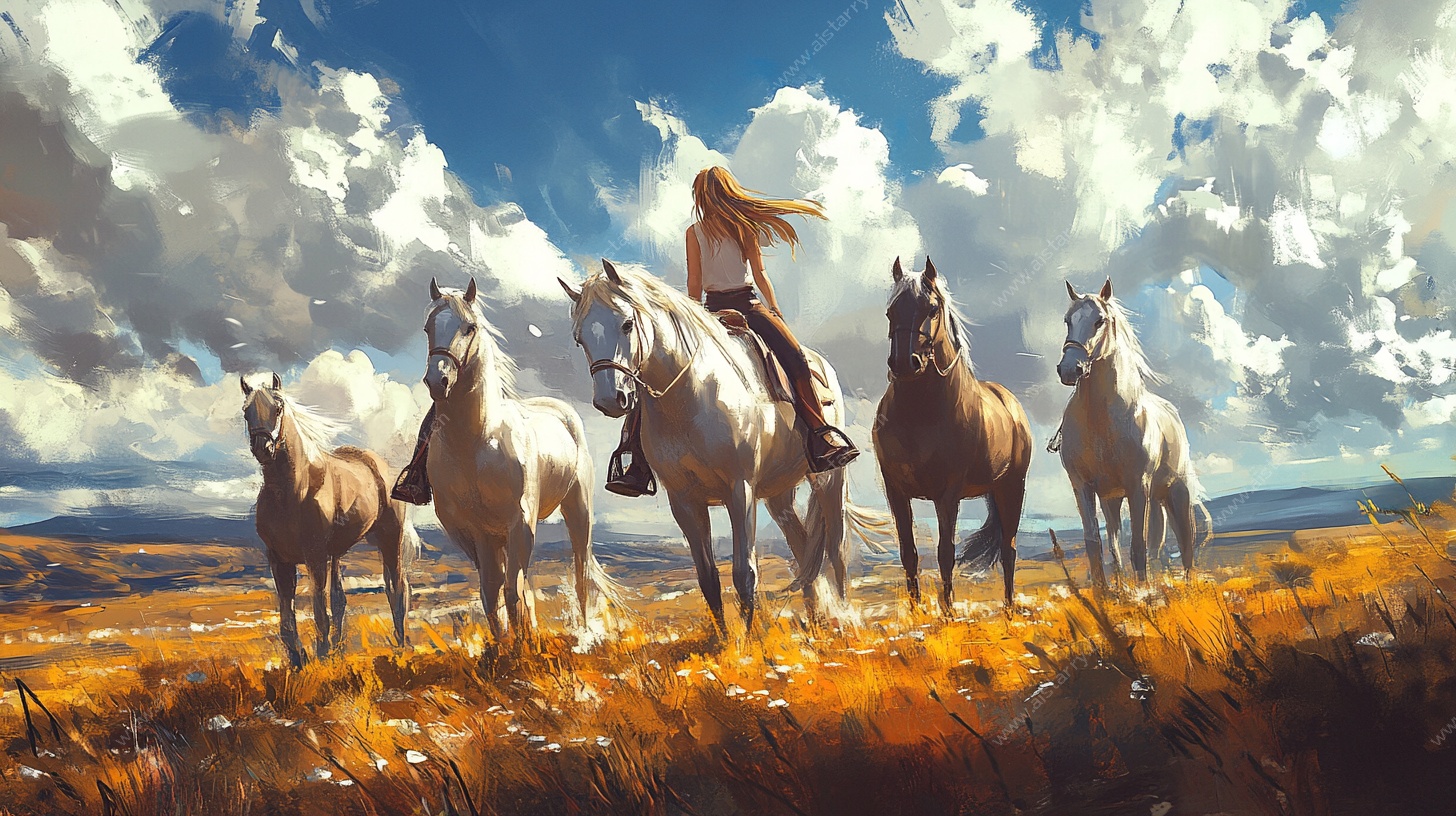 女子驭马于旷野壮丽图景