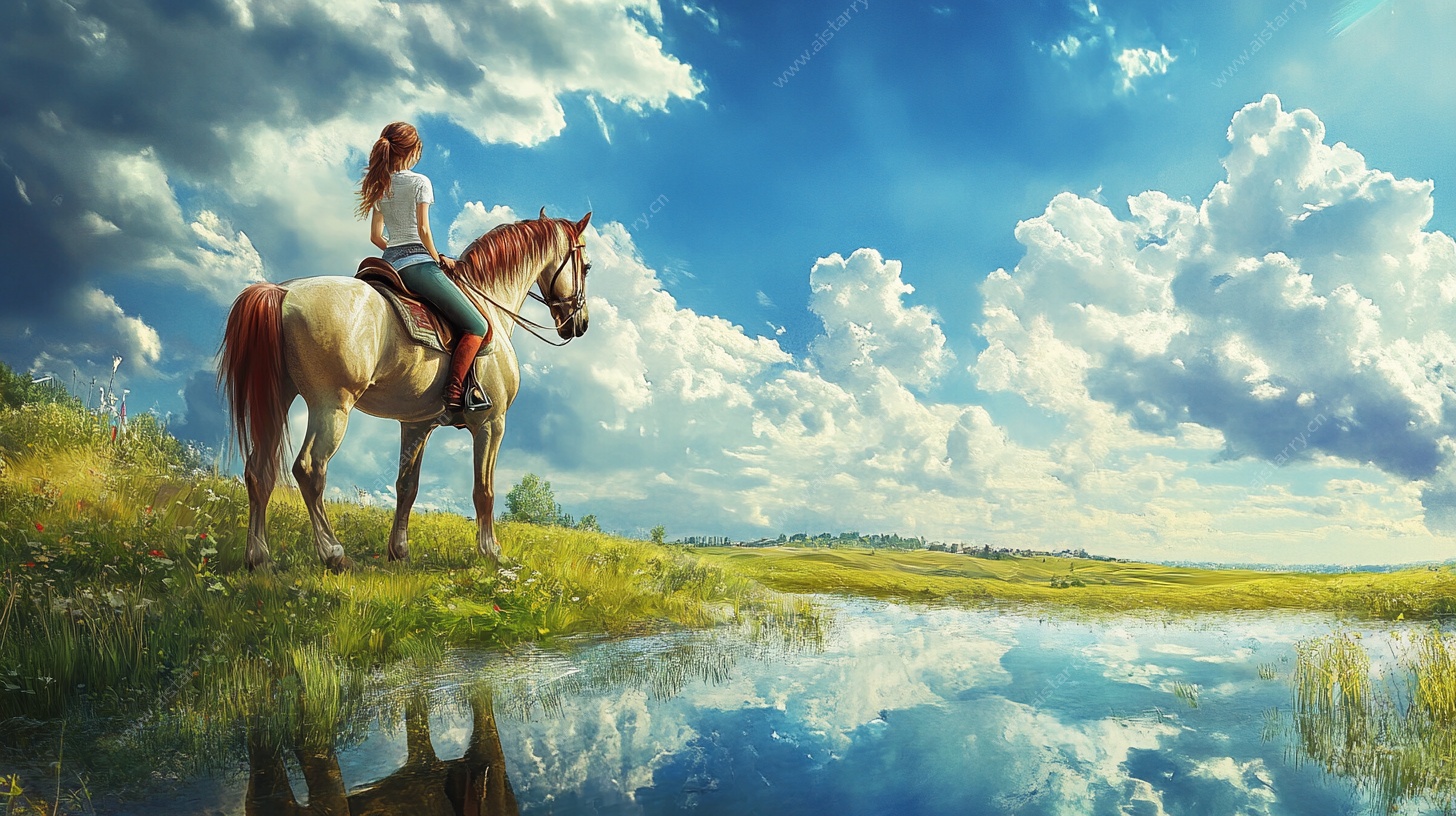 女子骑马于湖畔美景