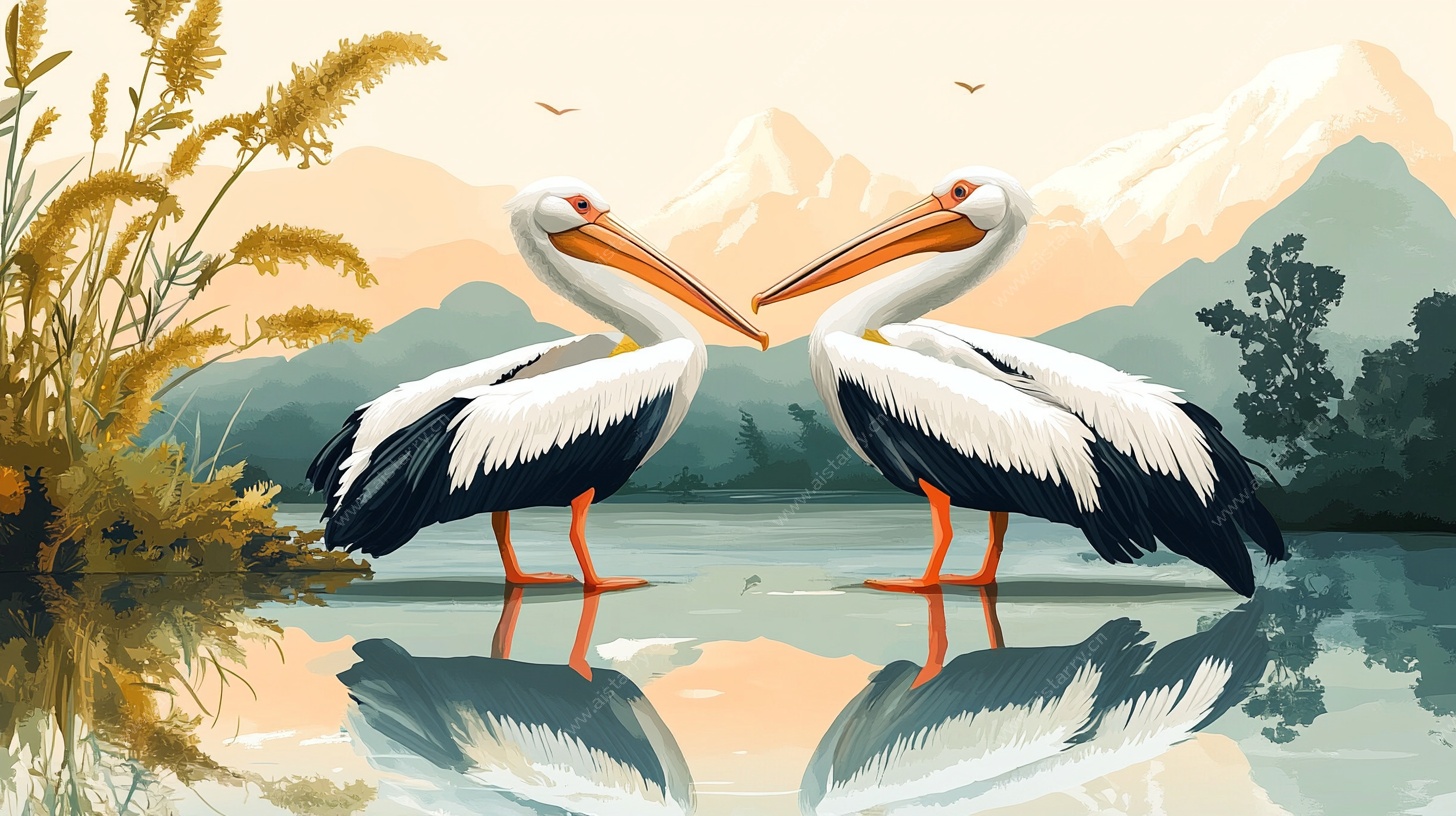 双鹈鹕的湖畔诗意画面