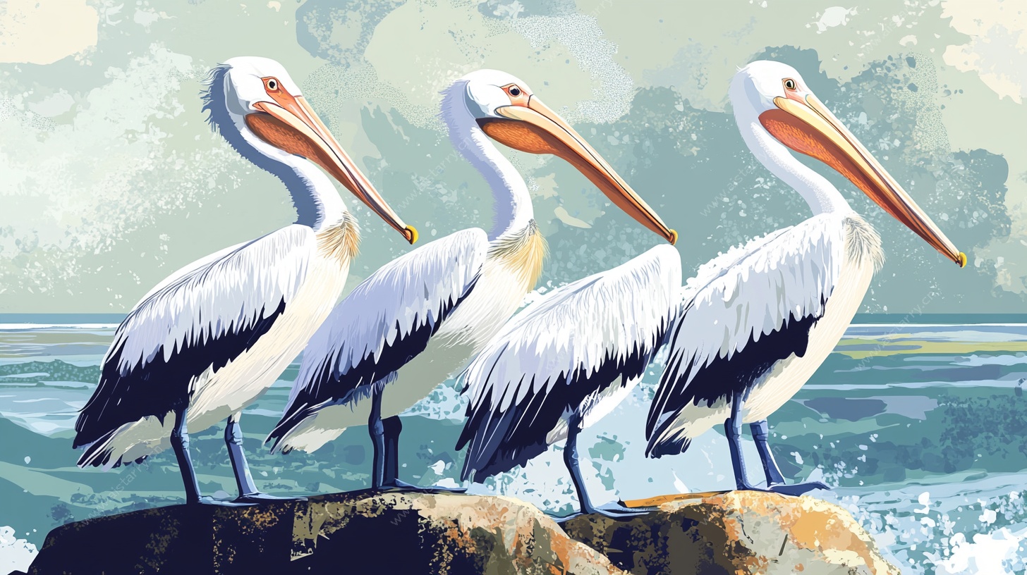 岩石上的鹈鹕群像