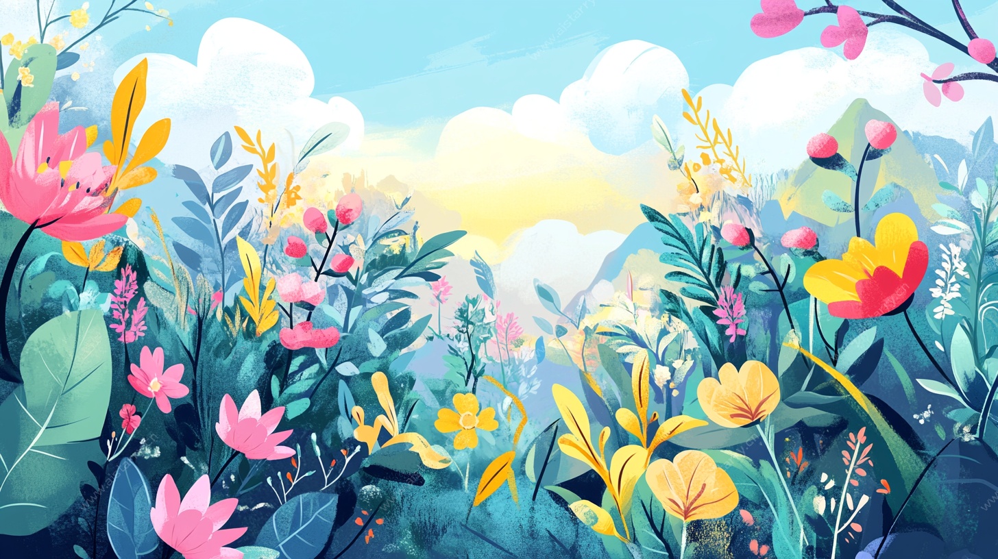 春日繁花烂漫风景插画