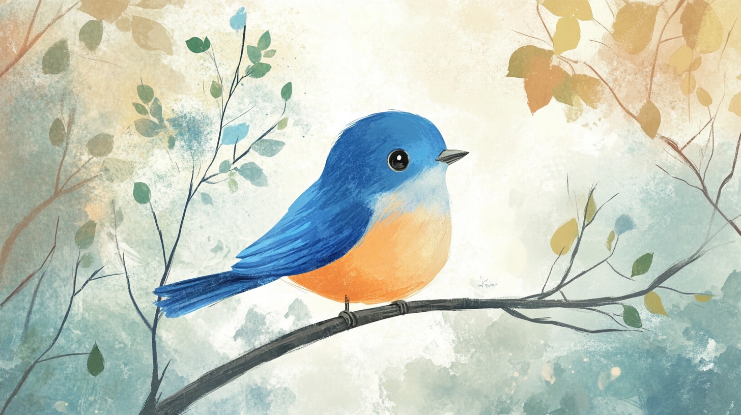 枝头蓝鸟水彩画
