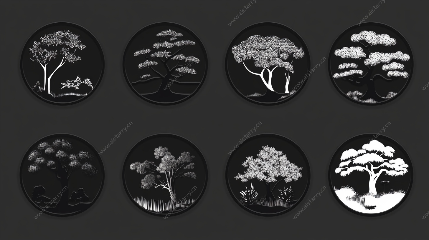 中式圆形黑白树木图案集