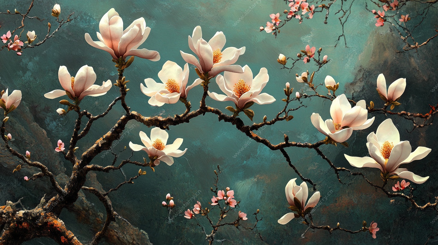 玉兰花枝的梦幻诗意景致