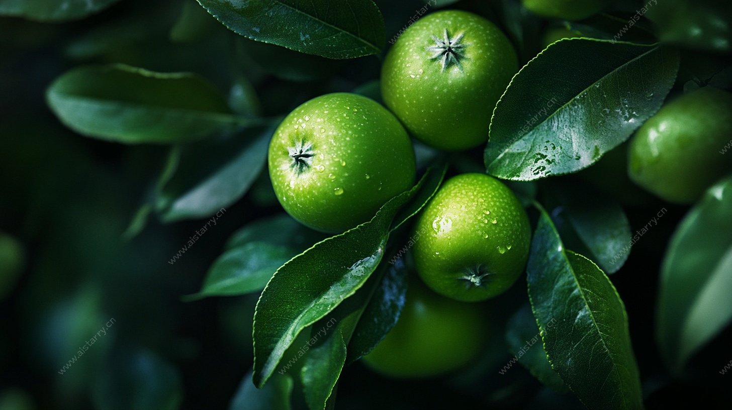 青苹果与绿叶的清新组合