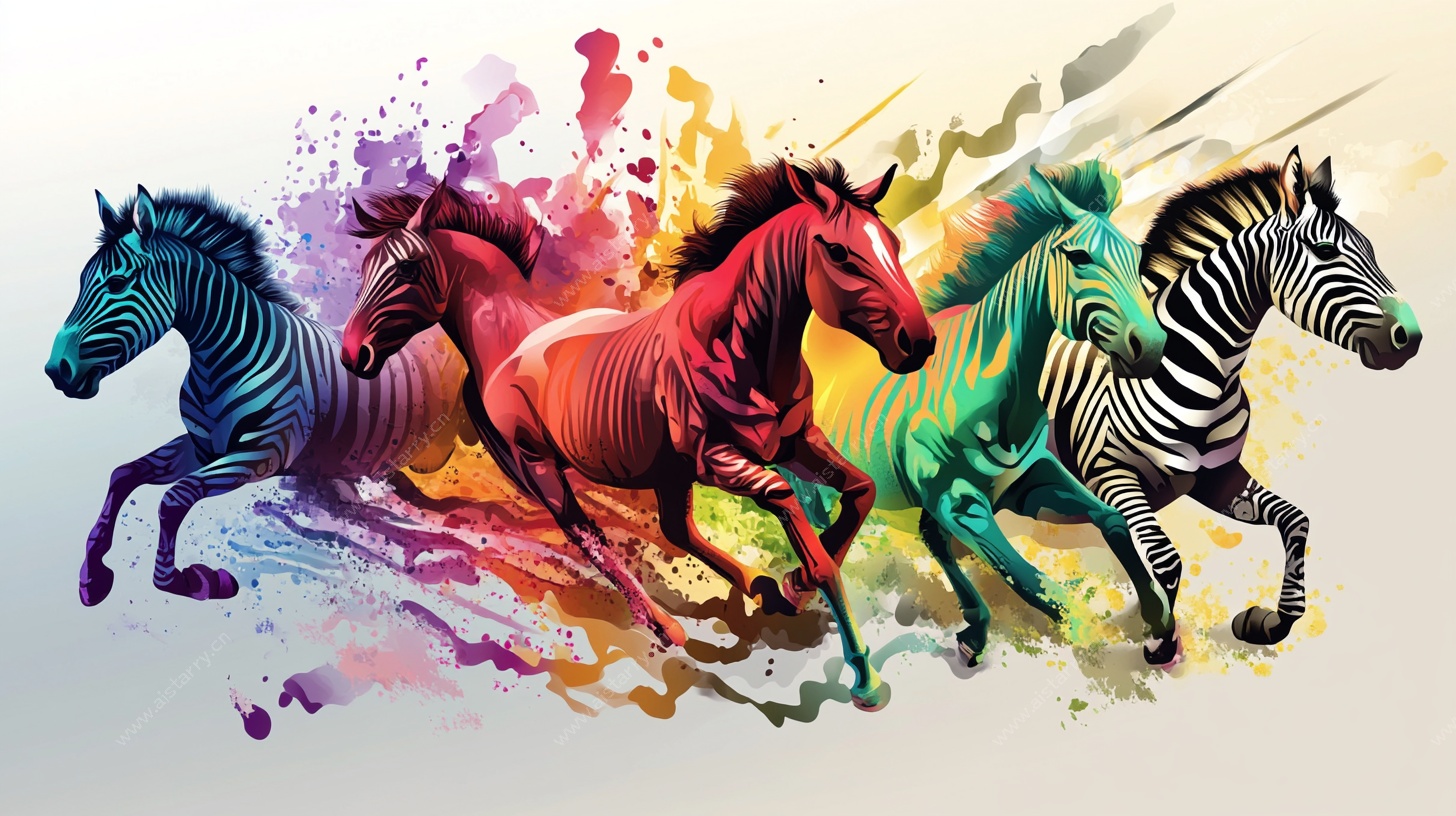 彩色奔马艺术插画