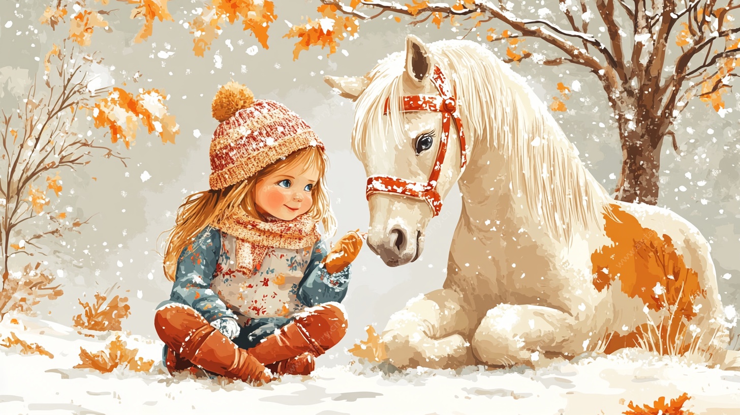 冬日女孩与白马的温馨画面