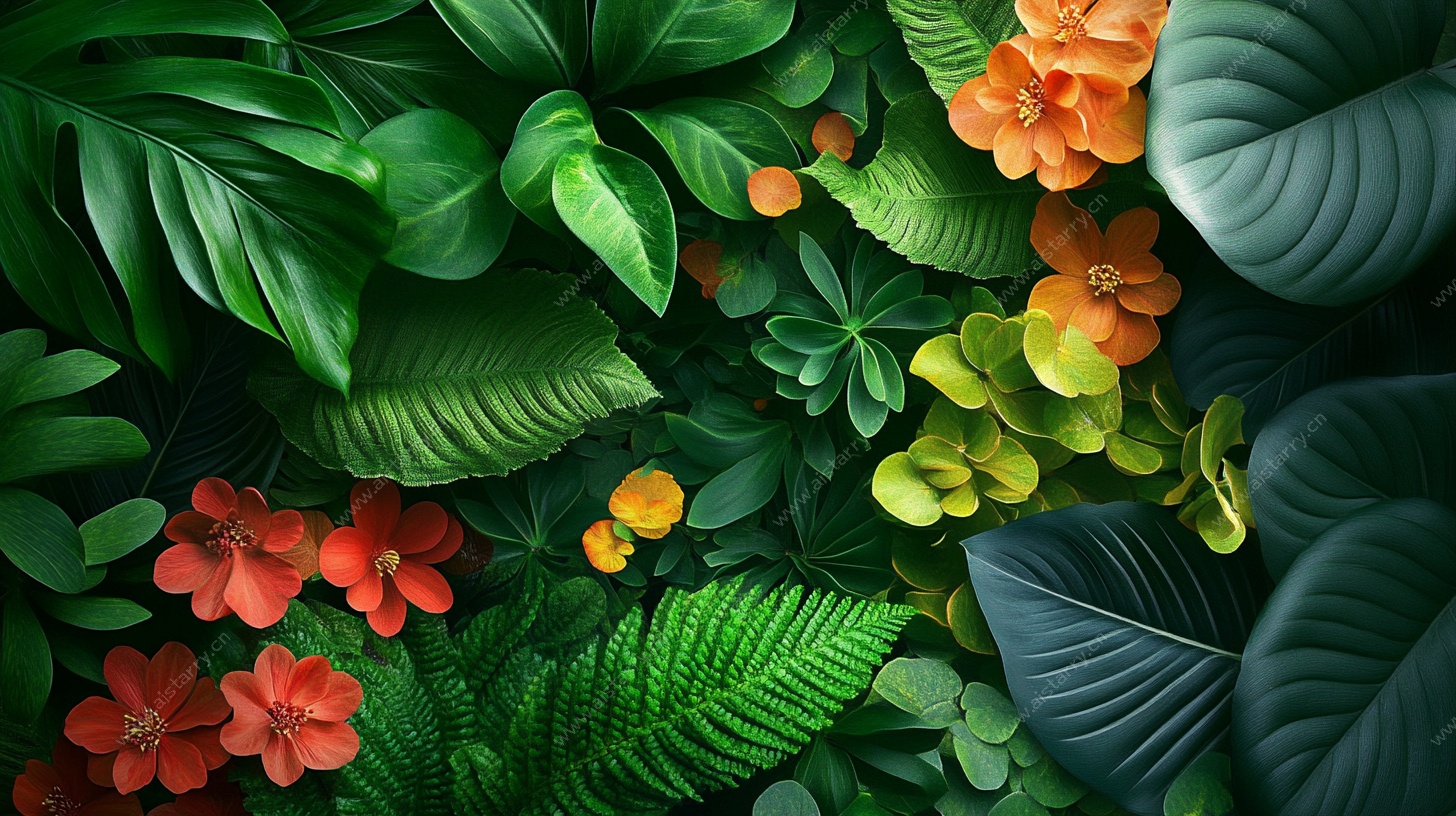 繁茂绿植与艳丽花朵图景