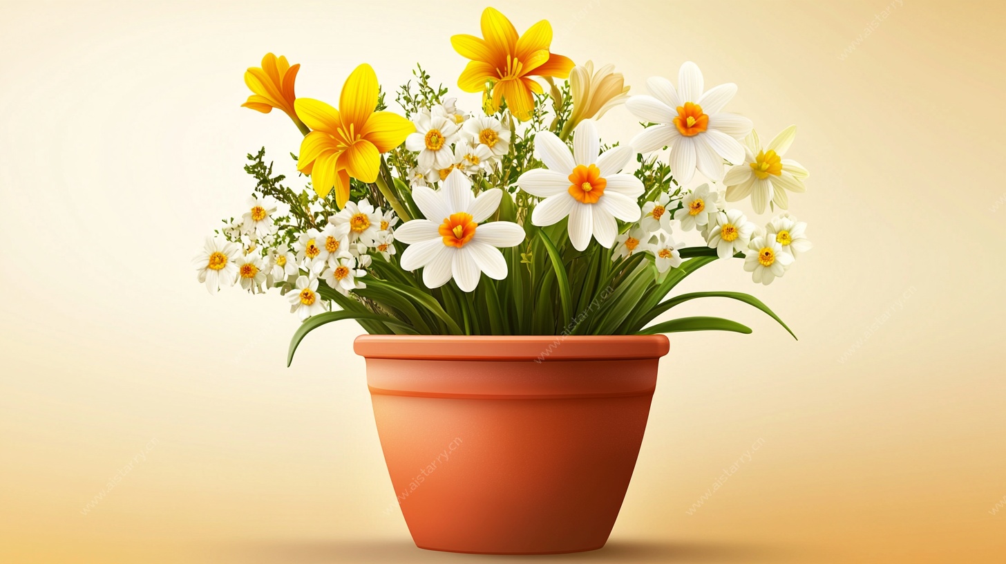 陶盆中的多彩花卉组合