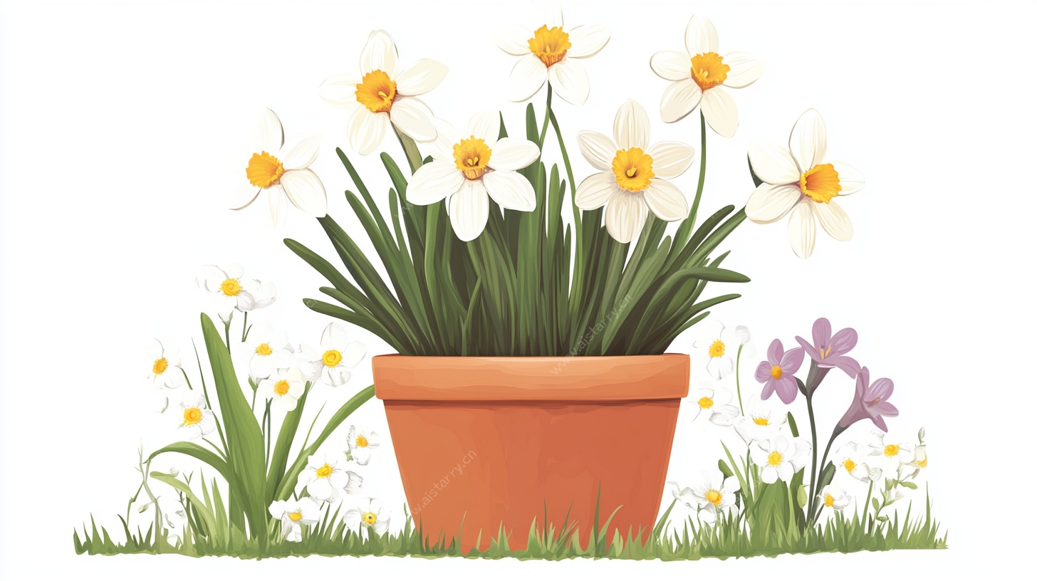 盆栽水仙与花草插画