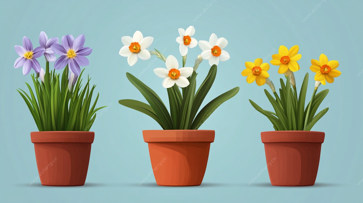 三盆花卉盆栽插画