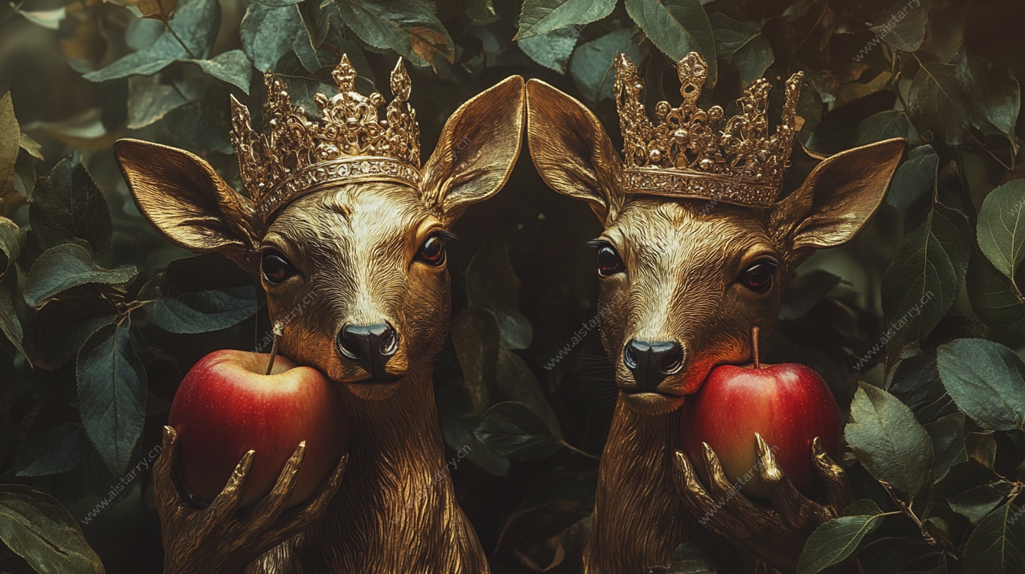 双鹿衔果戴冠奇幻图景