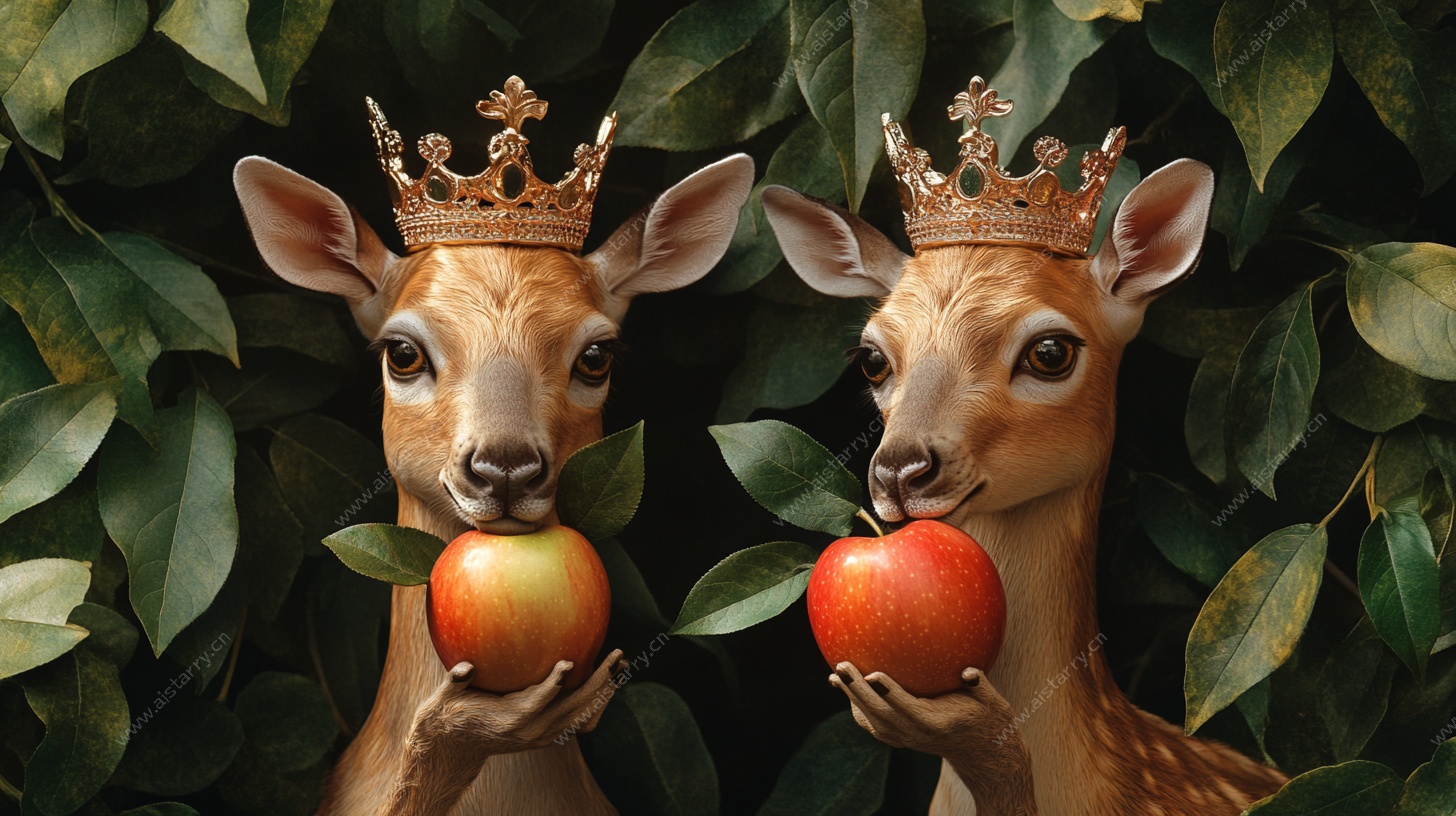 双鹿持果戴冠奇幻图景