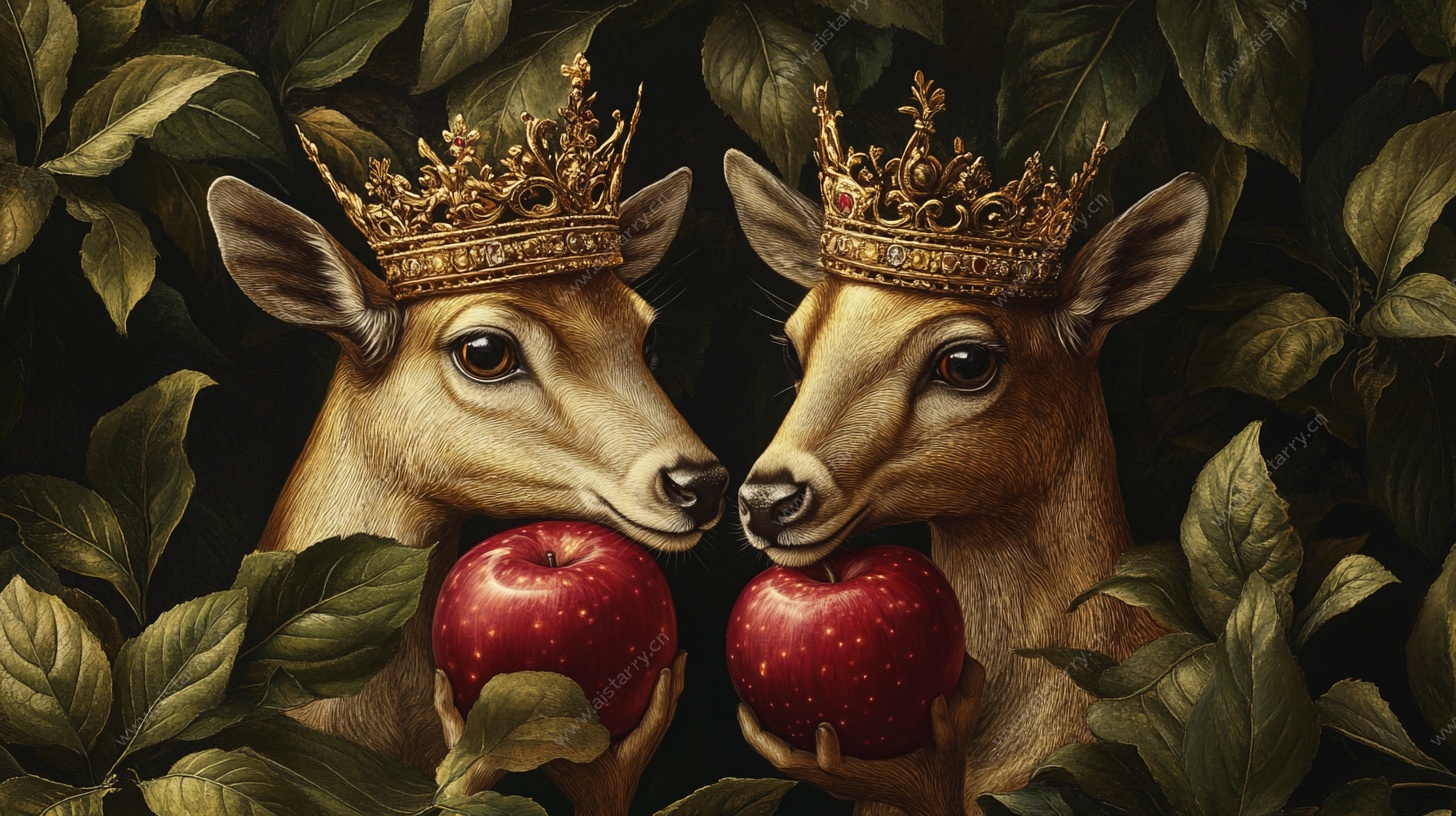 双鹿王者 衔红苹果的奇幻图景