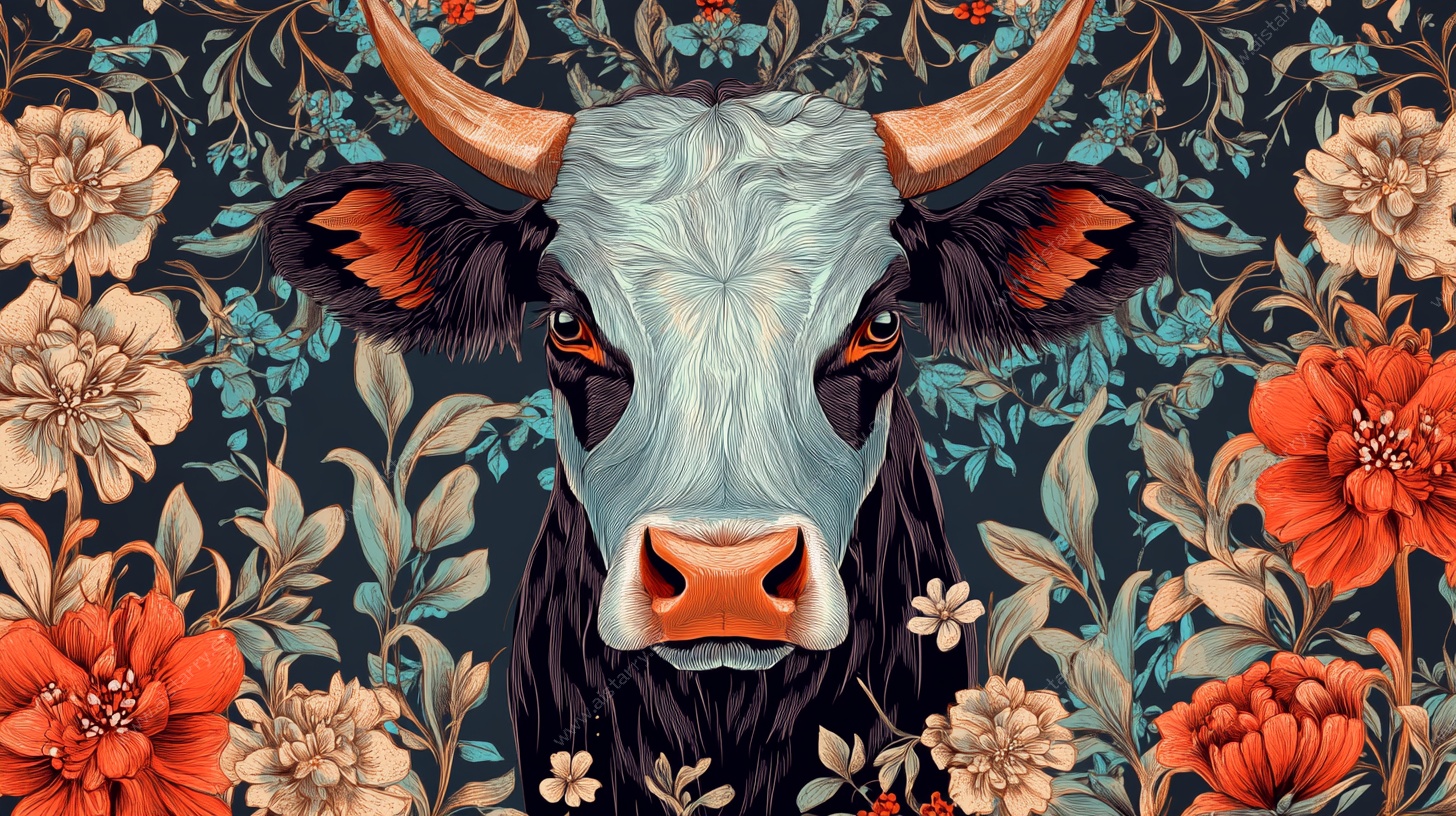 花卉环绕的牛头插画